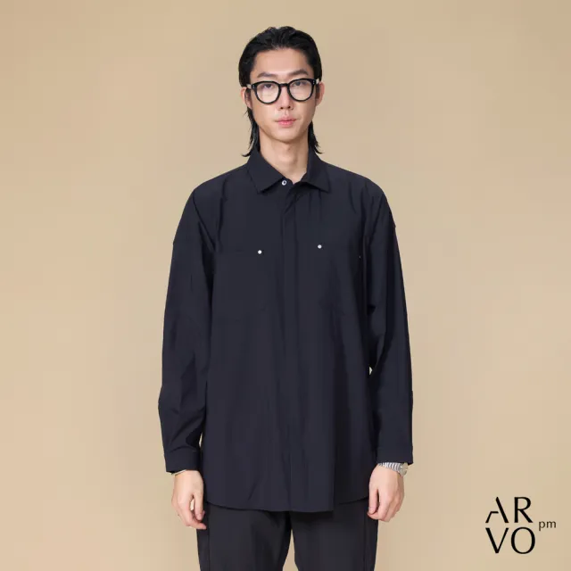 【ARVOpm】男女同款 雙口袋寬鬆藏青色襯衫00082505102(雙11限定)