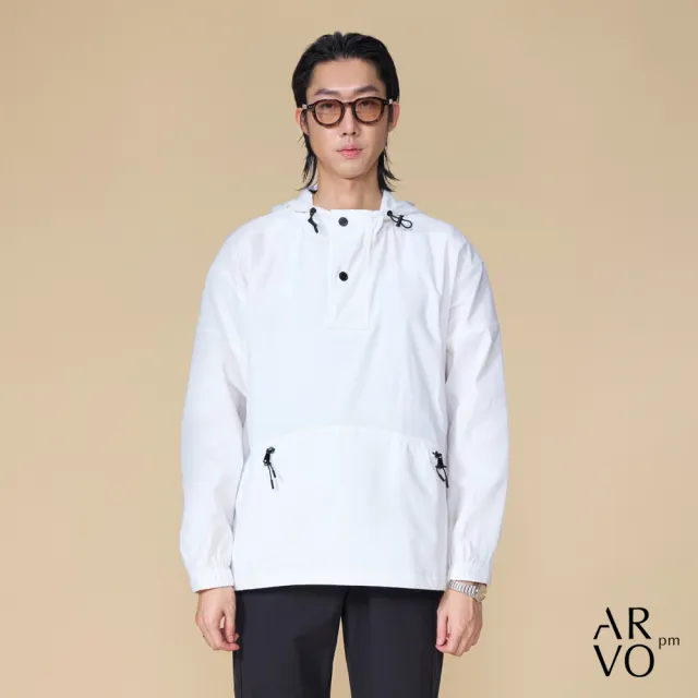 【ARVOpm】男女同款 剪接拉鍊口袋白色連帽上著00202504102(限時6折)
