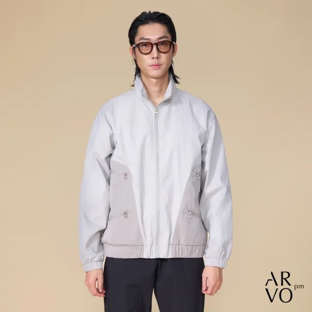 【ARVOpm】男女同款 撞色拼接設計斜口袋灰色夾克/教練外套00122504101(限時6折)