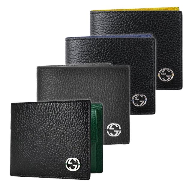 【GUCCI 古馳】610466/610464 經典Interlocking G荔枝牛皮拚色男用對開零錢/6卡短夾(顏色任選)