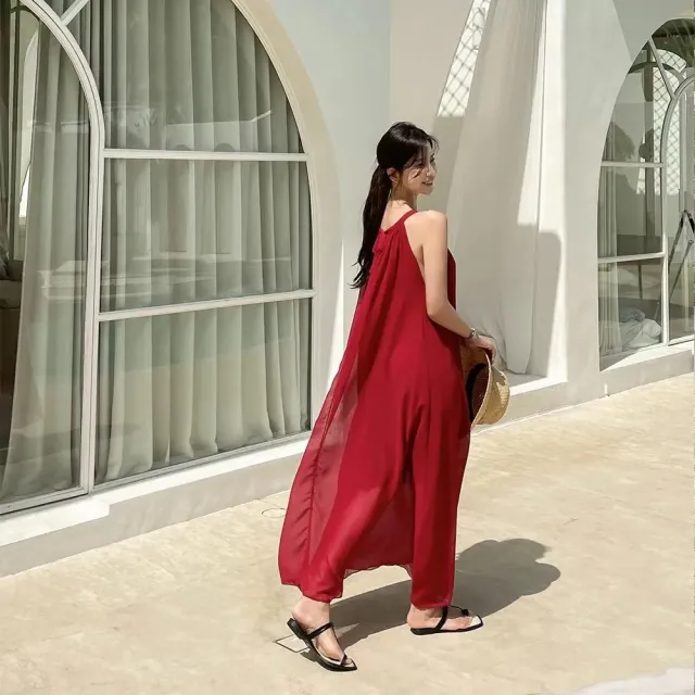 【SeasonsBikini 】韓國微光澤削肩綁帶連身長洋裝 紅/杏/藍-KK88