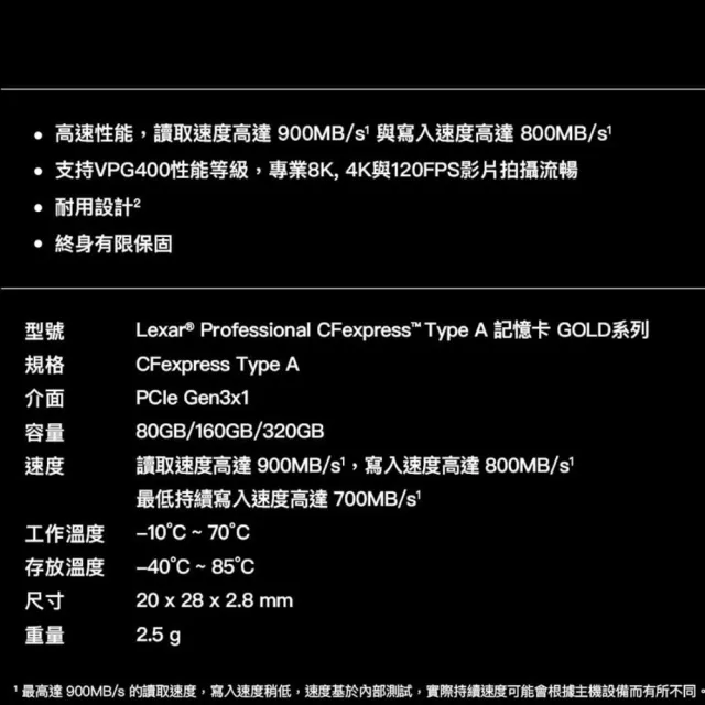 【Lexar 雷克沙】專業全新版 320GB Pro.Cfexpress TypeA 記憶卡8K 黃金系列(最高讀速900MB/s 有限永久保固)