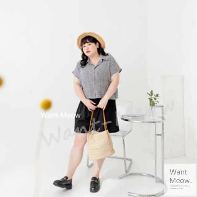 【Want-Meow】90公斤可穿/夏日清新顯瘦格紋短褲套裝兩件組/棉花糖女孩穿搭(大碼/大尺碼/加大碼/大碼)