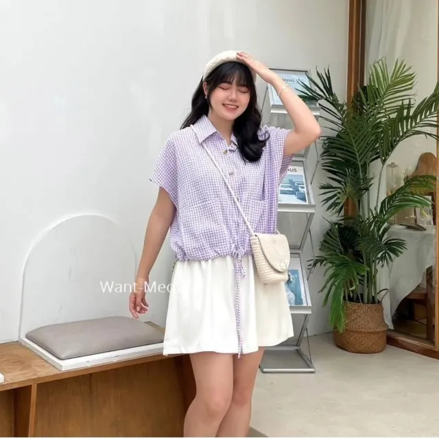 【Want-Meow】90公斤可穿/夏日清新顯瘦格紋短褲套裝兩件組/棉花糖女孩穿搭(大碼/大尺碼/加大碼/大碼)