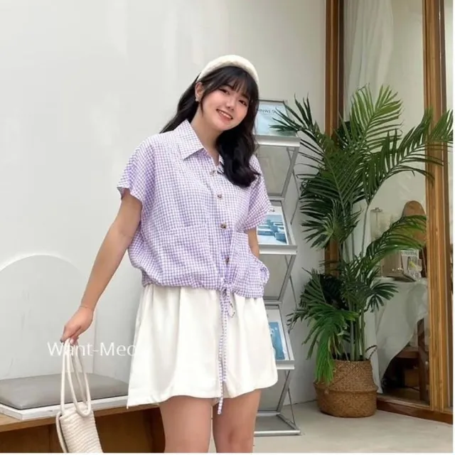 【Want-Meow】90公斤可穿/夏日清新顯瘦格紋短褲套裝兩件組/棉花糖女孩穿搭(大碼/大尺碼/加大碼/大碼)