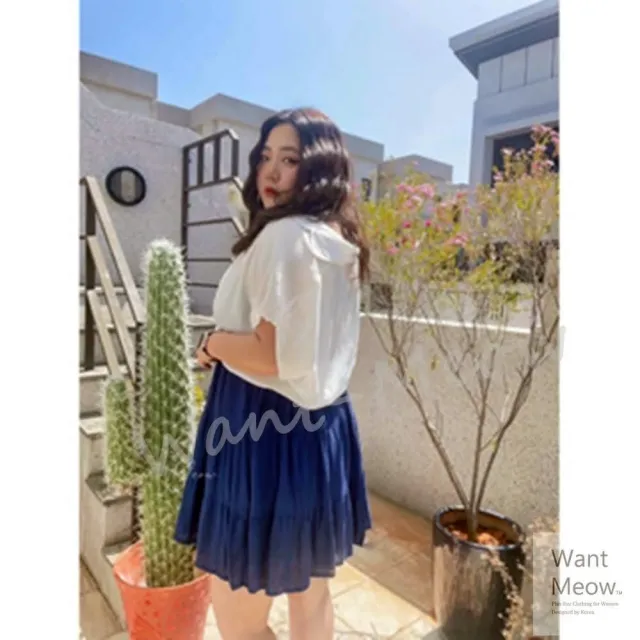【Want-Meow】90公斤可穿/休閒短袖麻吊帶短裙兩件組/棉花糖女孩穿搭(大碼/大尺碼/加大碼/大碼)