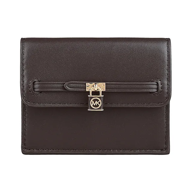 【Michael Kors】MK MICHAEL KORS Hamilton Legacy 鎖頭金字LOGO牛皮2卡釦式卡片零錢包(巧克力棕)