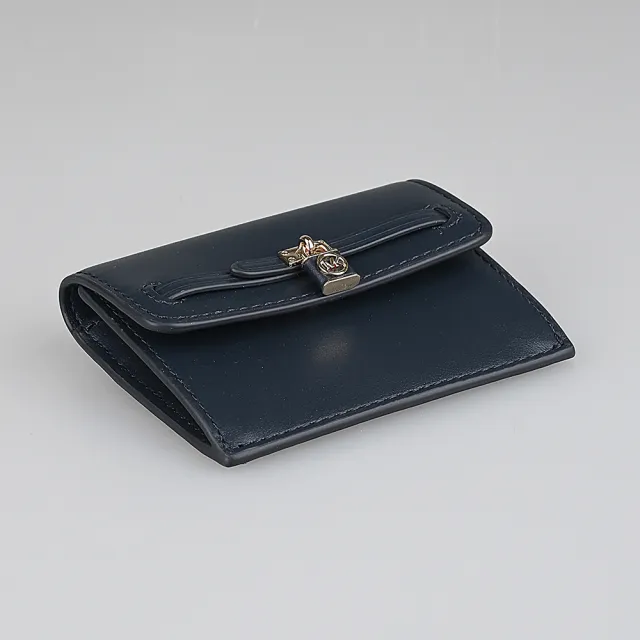 【Michael Kors】MK MICHAEL KORS Hamilton Legacy 鎖頭金字LOGO牛皮2卡釦式卡片零錢包(海軍藍)