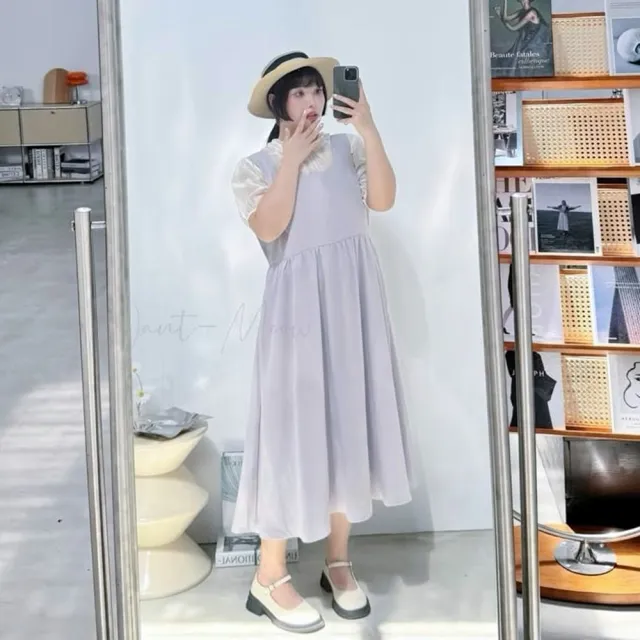 【Want-Meow】90公斤可穿/韓系氣質雪紡背帶裙連身洋裝套裝兩件組(大碼/大尺碼/加大碼/大碼/婚禮穿搭)