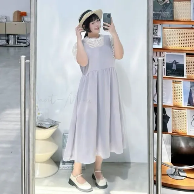 【Want-Meow】90公斤可穿/韓系氣質雪紡背帶裙連身洋裝套裝兩件組(大碼/大尺碼/加大碼/大碼/婚禮穿搭)