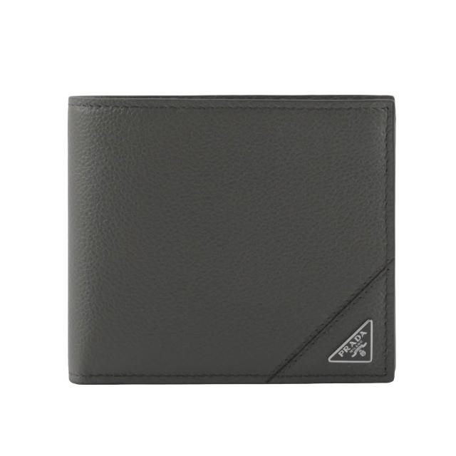 【PRADA 普拉達】銀色三角牌Logo 粒紋皮革對開零錢袋短夾(灰色)