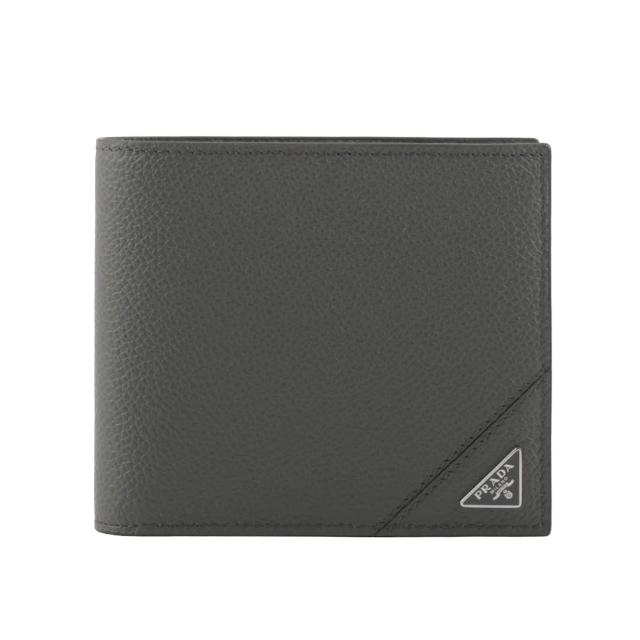 【PRADA 普拉達】三角牌Logo粒紋牛皮對開8卡短夾(灰色)