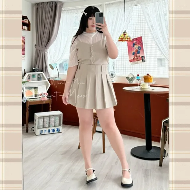 【Want-Meow】75公斤可穿/超顯瘦韓系背心短百褶裙套裝兩件組(大碼/大尺碼/加大碼/大碼/婚禮穿搭)
