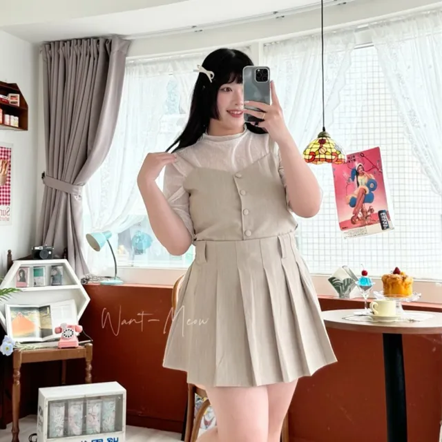 【Want-Meow】75公斤可穿/超顯瘦韓系背心短百褶裙套裝兩件組(大碼/大尺碼/加大碼/大碼/婚禮穿搭)