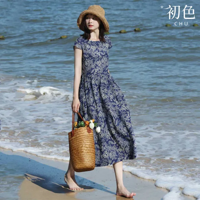 【初色】棉麻風休閒印花寬鬆顯瘦連衣裙長洋裝-10款任選-67993(M-2XL/F可選)
