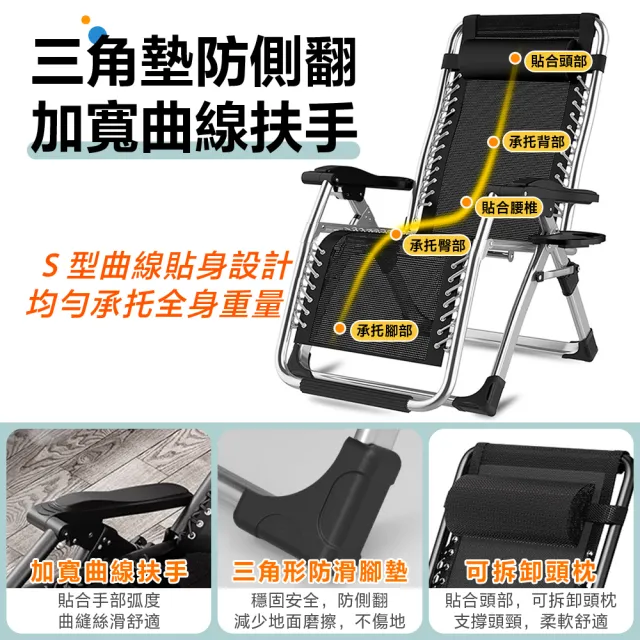 折疊躺椅 無段式高承重透氣休閒躺椅(附杯架頭枕 躺椅 折疊椅 摺疊躺椅)