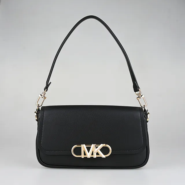 【Michael Kors】MICHAEL KORS Parker經典LOGO皮革釦式雙背帶肩背腋下包(中/黑)