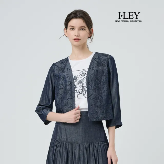 【ILEY 伊蕾】花朵刺繡縲縈牛仔外套(深藍；M-2L；1251078405)