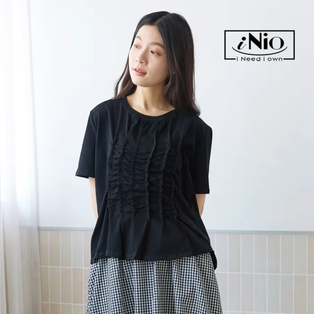 【iNio 衣著美學】短袖上衣 正面抽皺 立體皺摺 圓領棉T 黑/白/卡其(CEW1123)