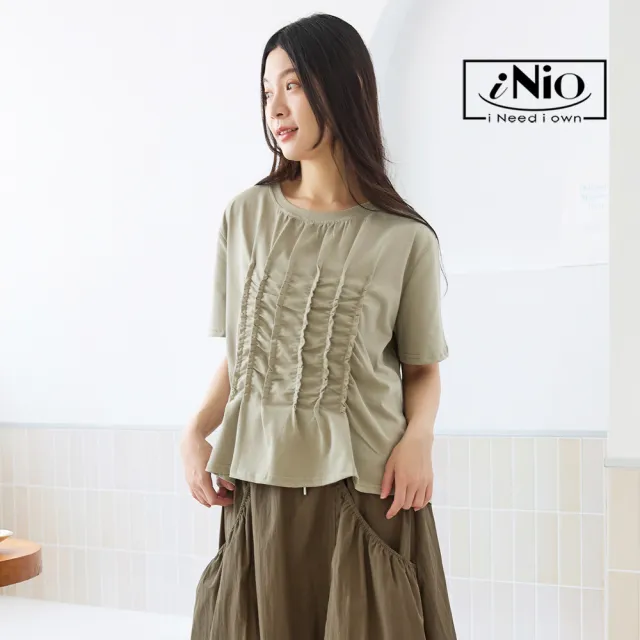 【iNio 衣著美學】短袖上衣 正面抽皺 立體皺摺 圓領棉T 黑/白/卡其(CEW1123)