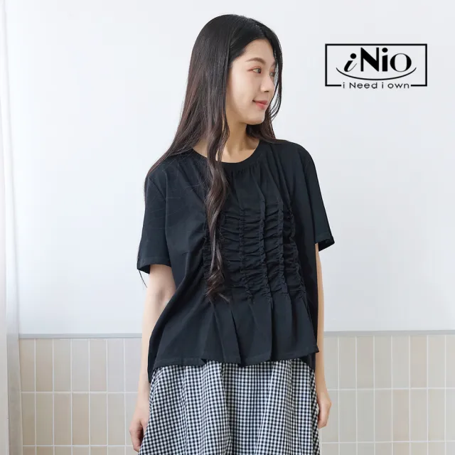【iNio 衣著美學】短袖上衣 正面抽皺 立體皺摺 圓領棉T 黑/白/卡其(CEW1123)