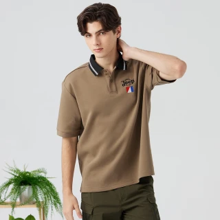 【JEEP】男裝 撞色條紋領短袖POLO衫(卡其色)