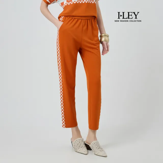 【ILEY 伊蕾】棋盤格拼接彈性窄管褲(磚;M-2L;1252366314)