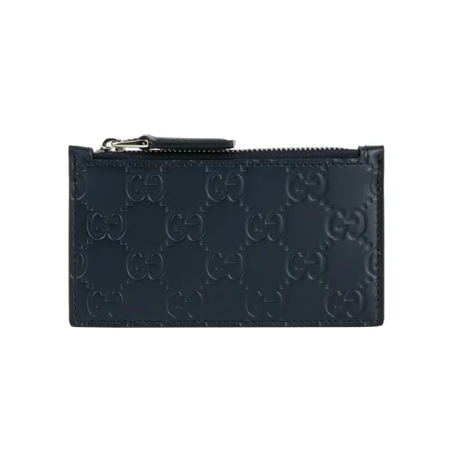 【GUCCI 古馳】GG Logo 滿版壓紋牛皮拉鍊卡夾包/零錢包(深藍色)