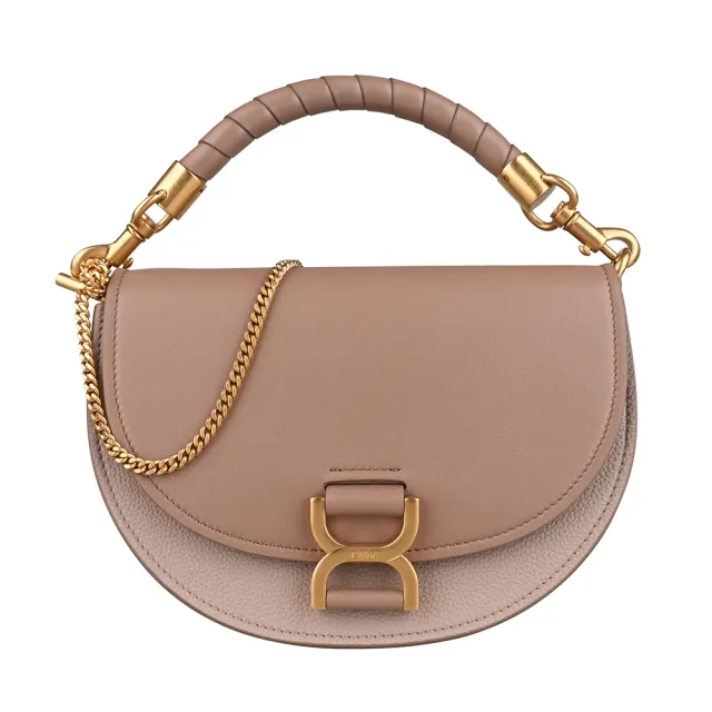 【Chloe’ 蔻依】CHLOE Marcie 雷刻LOGO小牛皮拼接小羊皮吸扣斜背包(奶茶)