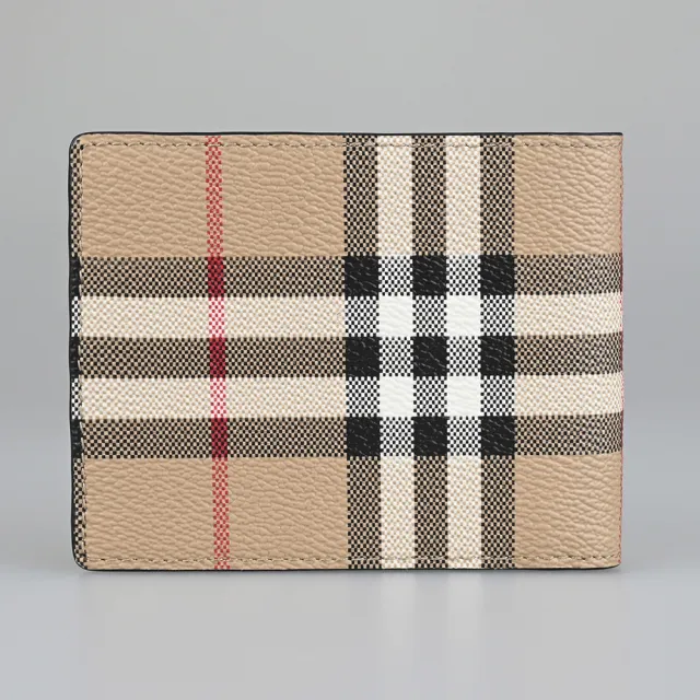 【BURBERRY 巴寶莉】BURBERRY Vintage 燙印LOGO格紋PVC搭小牛皮內襯6卡對折短夾(米)