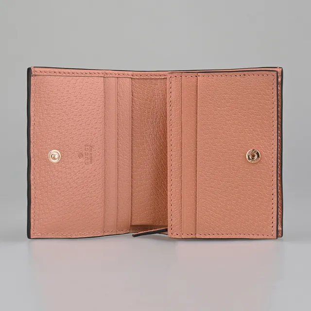 【GUCCI 古馳】GUCCI Ophidia 雙G鍍金LOGO牛皮搭帆布PVC 4卡按釦掀蓋短夾(玫瑰金粉紅)