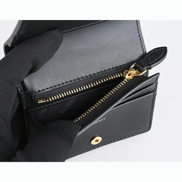 【BURBERRY 巴寶莉】BURBERRY 金釦刻印LOGO小牛皮搭格紋PVC 4卡按釦零錢短夾(黑)