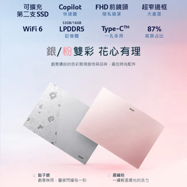 【Acer】Office2024★14吋Ultra 5 999g AI筆電-晨曦粉(Swift Lite/SFL14-54M-51ZA/Ultra5-115U/16G/512G/W1