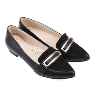 【A.S.O 阿瘦集團】A.S.O 窩心系列-拼接羊皮飾扣尖楦低跟樂福鞋(女鞋_黑色)