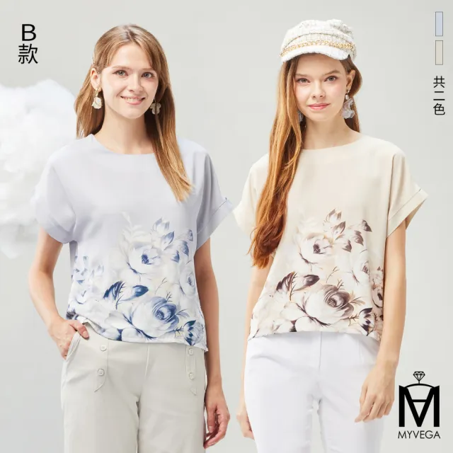 【MYVEGA 麥雪爾】MA線條拼接/印花雪紡上衣-二款任選(女上衣/涼感/短袖/落肩/雪紡)