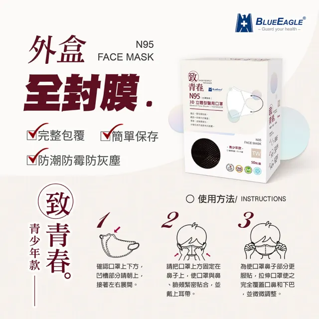 【藍鷹牌】N95 醫用3D立體口罩 青少年款 50片x4盒(10色可選)