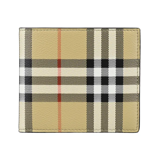 【BURBERRY 巴寶莉】BURBERRY 內燙印LOGO小牛皮拼格紋PVC 8卡對折短夾(典藏米x黑)