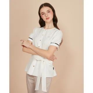 【SCOTTISH HOUSE】格紋出芽綁帶短袖襯衫-白/粉 CIWB1375