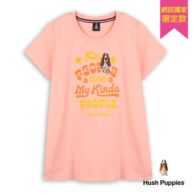 【Hush Puppies】女裝 T恤 Q版造型花朵植絨印花刺繡狗短袖T恤(淺粉紅 / 54211904)