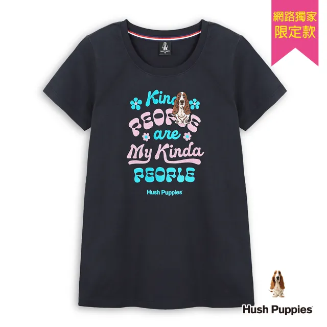 【Hush Puppies】女裝 T恤 Q版造型花朵植絨印花刺繡狗短袖T恤(丈青 / 54211904)