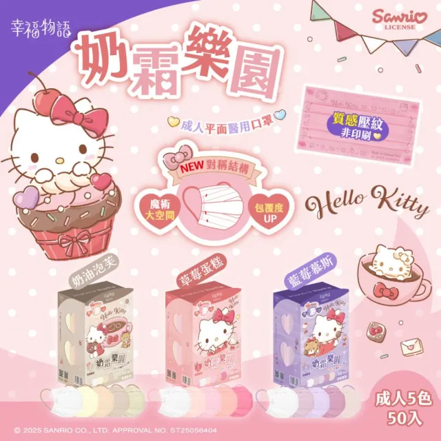 【Injoyyi 幸福物語】Hello Kitty奶霜樂園 五色醫療口罩50片/盒x5盒(一盒5色 日系雙向口罩折法)