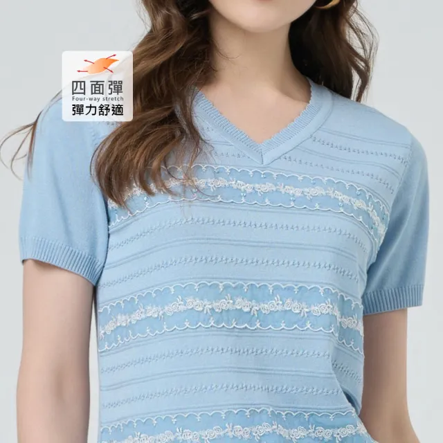 【ILEY 伊蕾】刺繡網紗拼接縲縈針織上衣(淺藍；M-XL；1251455001)