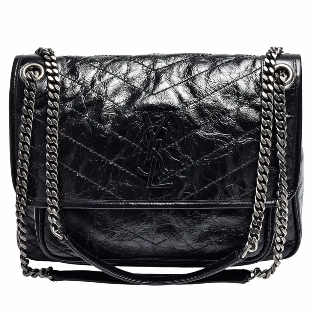 【YSL】經典NIKI系列黑色金屬LOGO復古銀鍊揉製小牛皮翻蓋肩/斜背包(中-黑色633158-0EN04-1000)