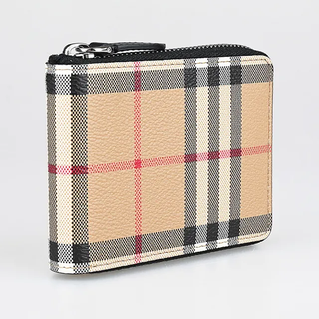【BURBERRY 巴寶莉】BURBERRY 內字母LOGO格紋塗層帆布搭牛皮ㄇ字拉鍊零錢短夾(米x黑)