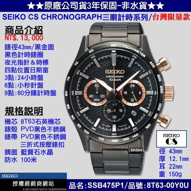 【SEIKO 精工】超熱賣 台灣限量款 CS三眼系列/PVD黑金面精鋼計時腕錶43㎜款 SK004(SSB475P1/8T63-00Y0U)