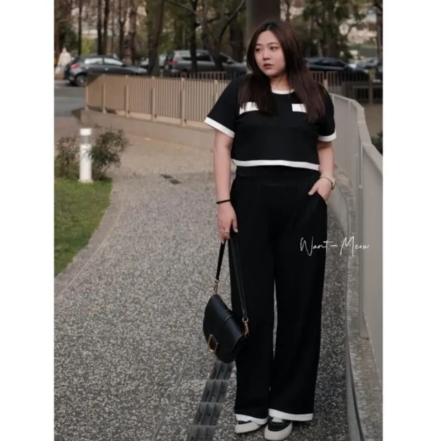 【Want-Meow】90公斤可穿/顯瘦韓系OL短袖小香黑白長褲2件套裝兩件組(大碼/大尺碼/加大碼/OL/套裝)