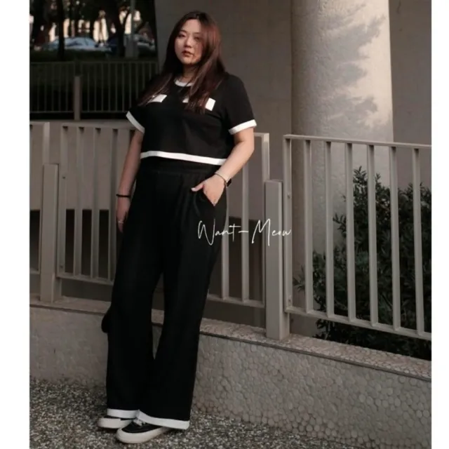 【Want-Meow】90公斤可穿/顯瘦韓系OL短袖小香黑白長褲2件套裝兩件組(大碼/大尺碼/加大碼/OL/套裝)