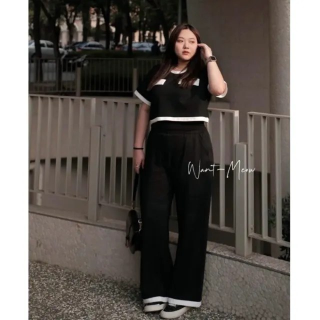 【Want-Meow】90公斤可穿/顯瘦韓系OL短袖小香黑白長褲2件套裝兩件組(大碼/大尺碼/加大碼/OL/套裝)