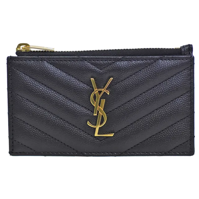 【YSL】經典金色Y字金屬LOGO小牛皮拉鍊卡片/零錢包(黑色607915-BOW01-1000)