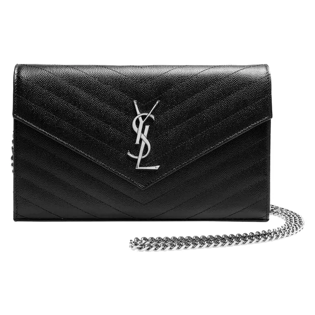 【YSL】MONOGRAM系列V字縫線魚子醬牛皮金屬LOGO銀鍊手提/肩背包(黑377828-BOW02-1000)（其他規格）